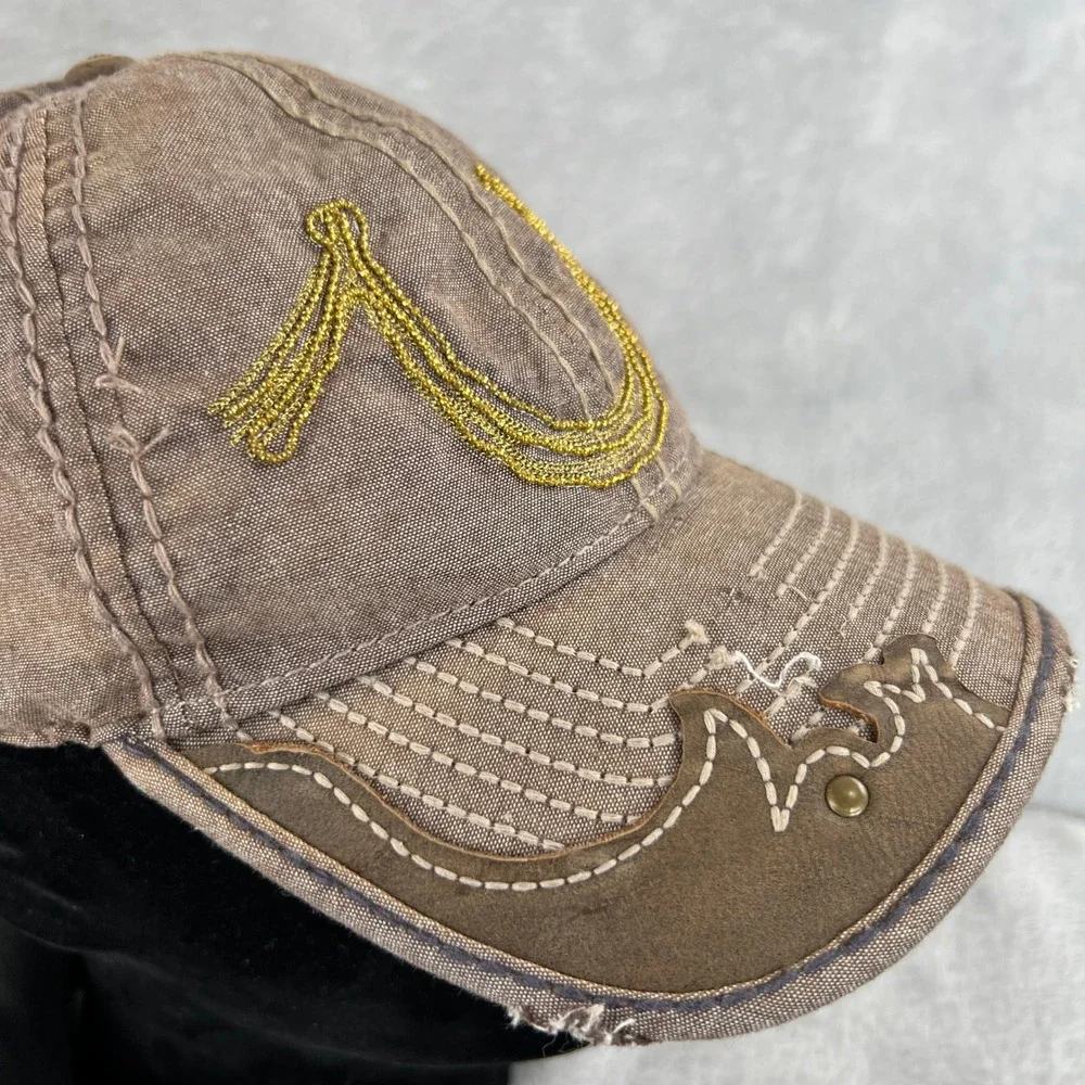 True Religion Brown Canvas Distressed Buddha Horseshoe Strapback Hat Cap Patch
